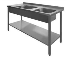 RESTSALG- Stålbord med to vaske, og vulstkant - 2400x700x900 mm